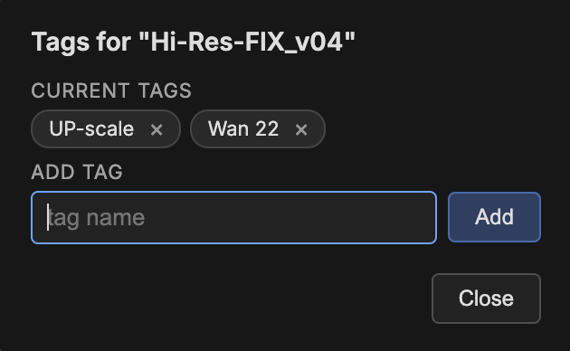 Tags modal showing current tags and an Add tag field