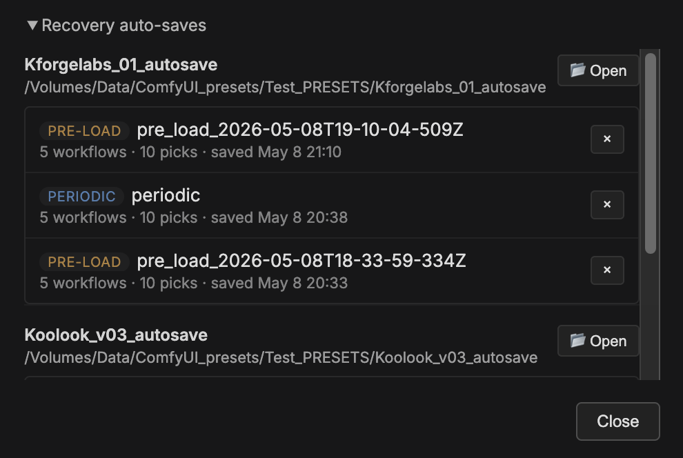 Recovery auto-saves section showing periodic and pre-load recovery entries
