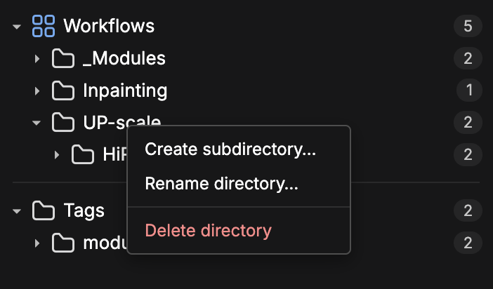 Sidebar showing folder actions — create, rename, delete, drag-and-drop