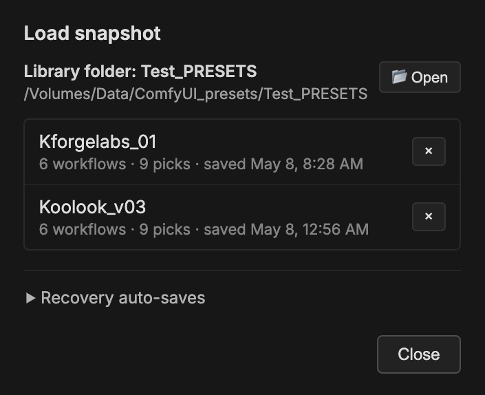 Load snapshot dialog showing saved snapshots and recovery autosaves