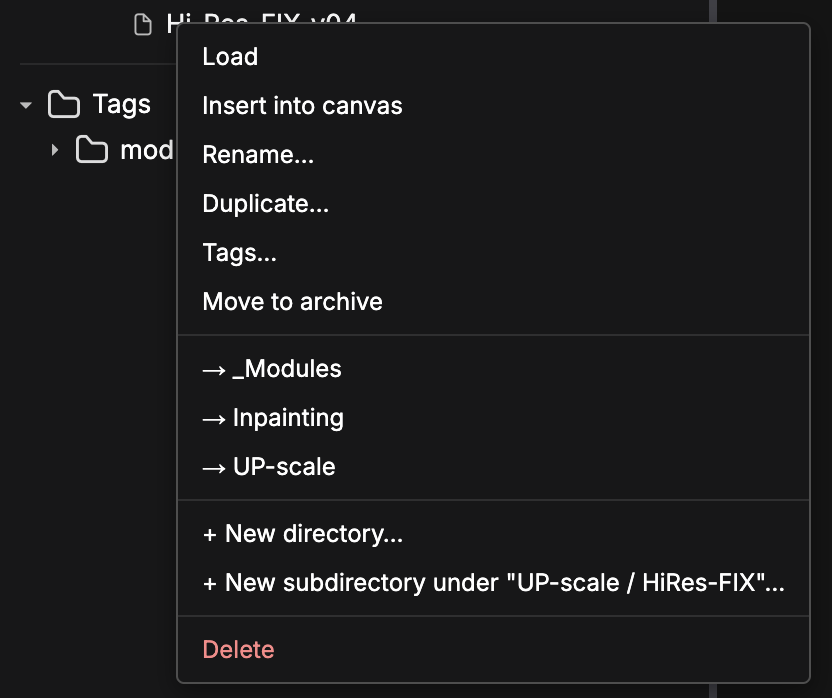 Right-click context menu on a saved workflow showing available actions