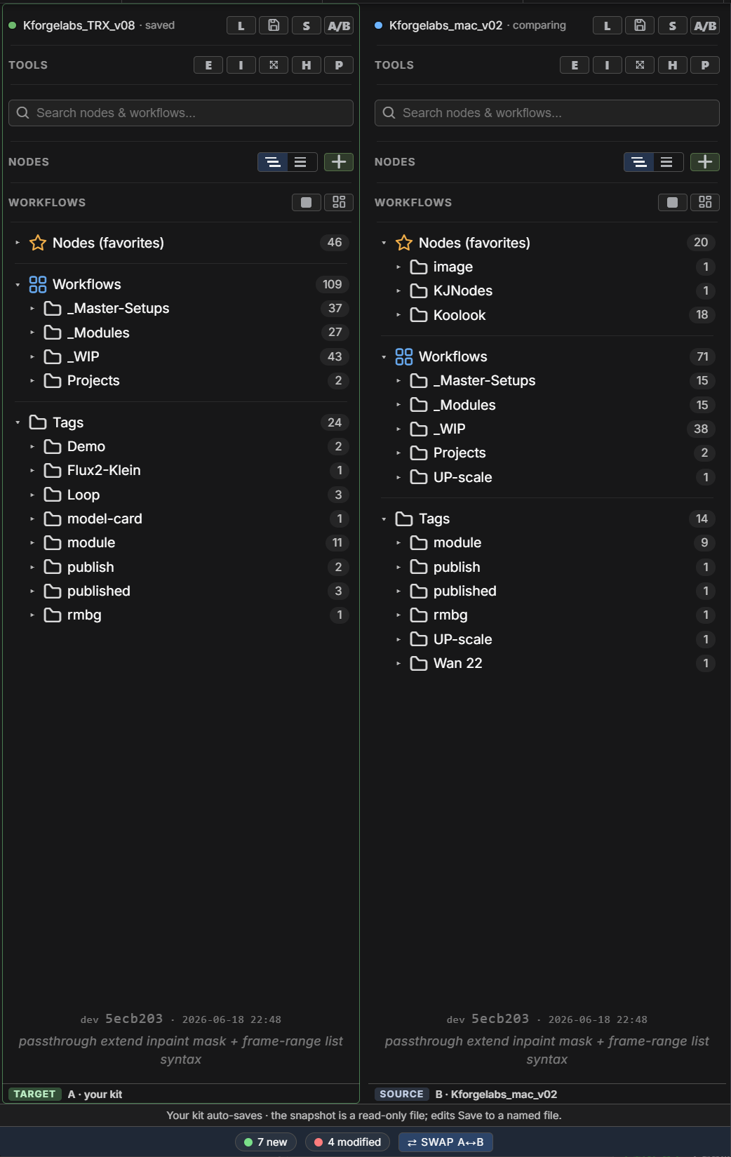 Snapshot compare view showing the current kit beside another saved snapshot