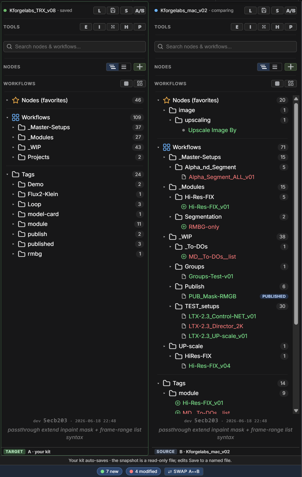 Snapshot compare view expanded to show new and modified source items